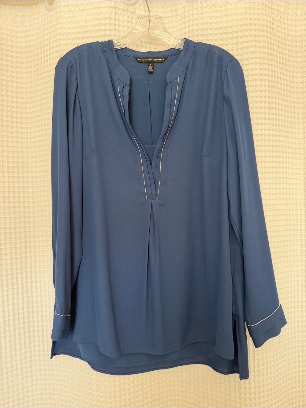 White House Black Market Blue Long-Sleeve Split-Neck Blouse